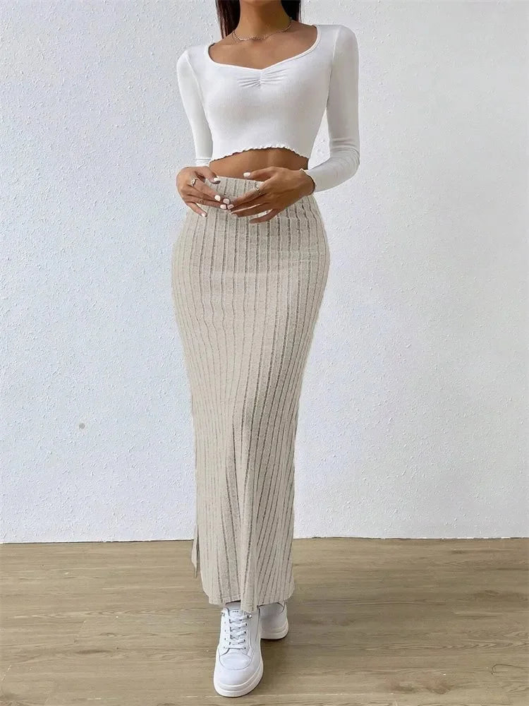 Opulent Rib-Knit Side-Slit Skirt
