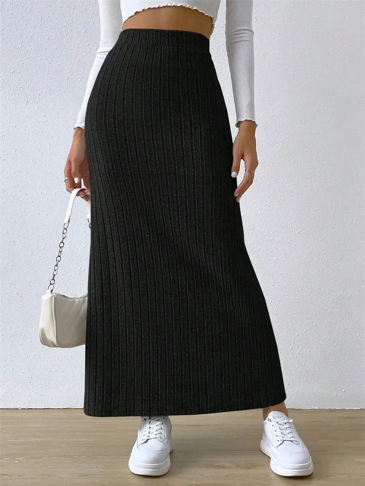 Opulent Rib-Knit Side-Slit Skirt