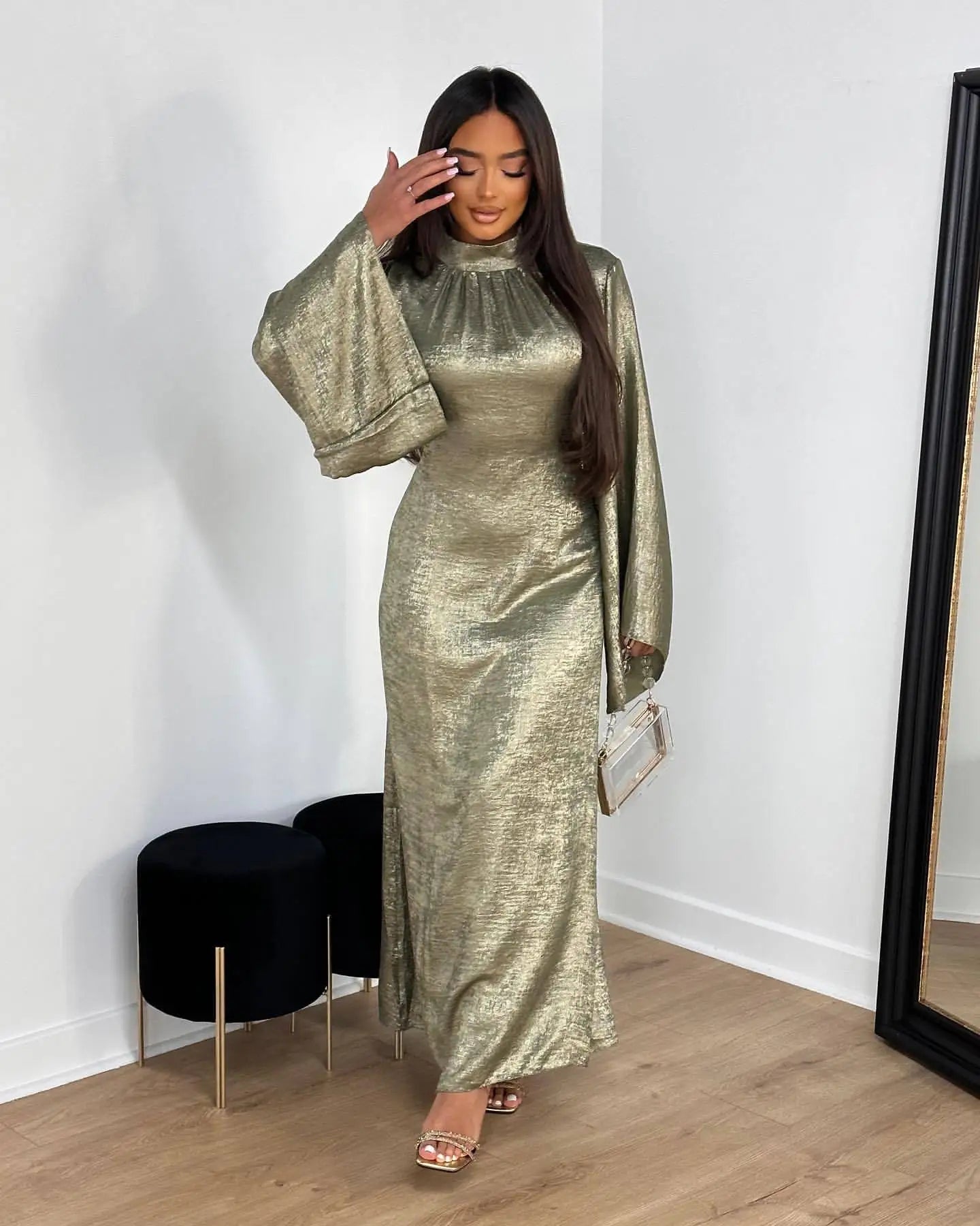 Silver Radiance High-Neck Evening Abaya