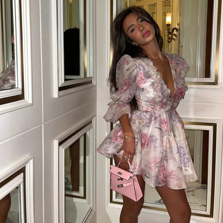 Bloom wave Flare Sleeve Mini Dress