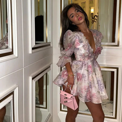 Bloom wave Flare Sleeve Mini Dress