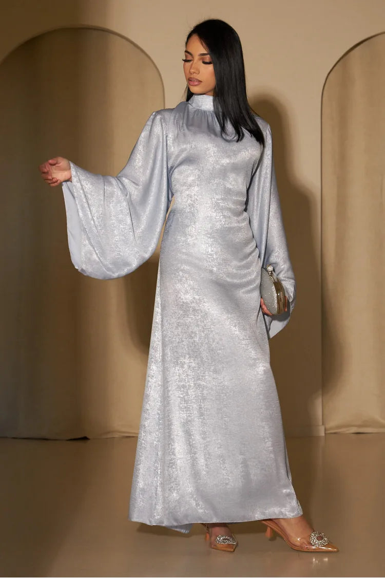 Silver Radiance High-Neck Evening Abaya
