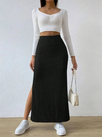 Opulent Rib-Knit Side-Slit Skirt