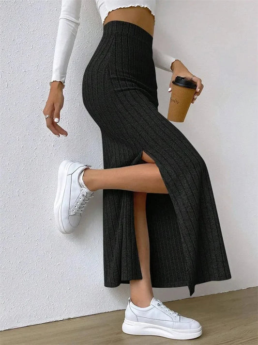 Opulent Rib-Knit Side-Slit Skirt