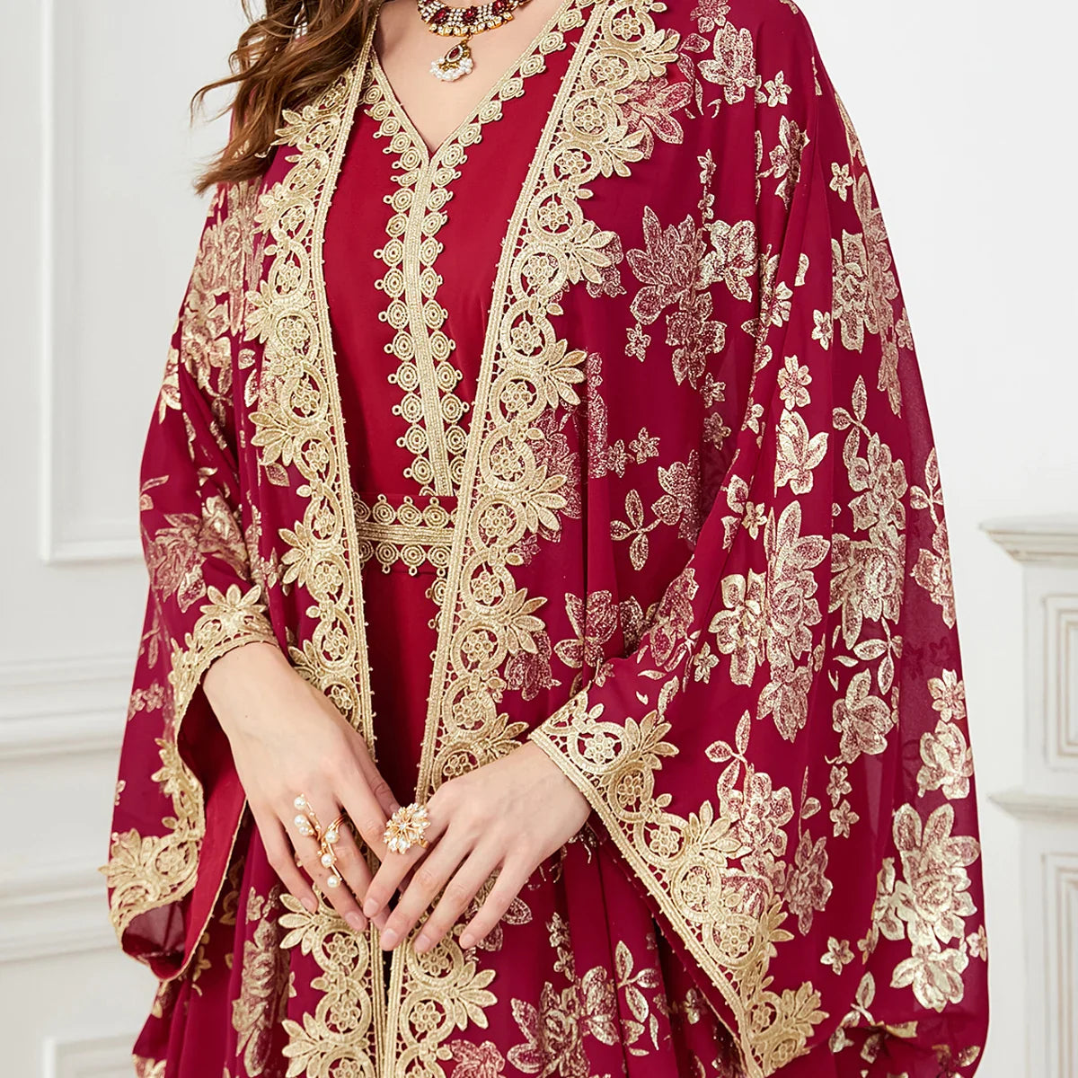 Golden Elegance Embroidered 2-Piece Abaya