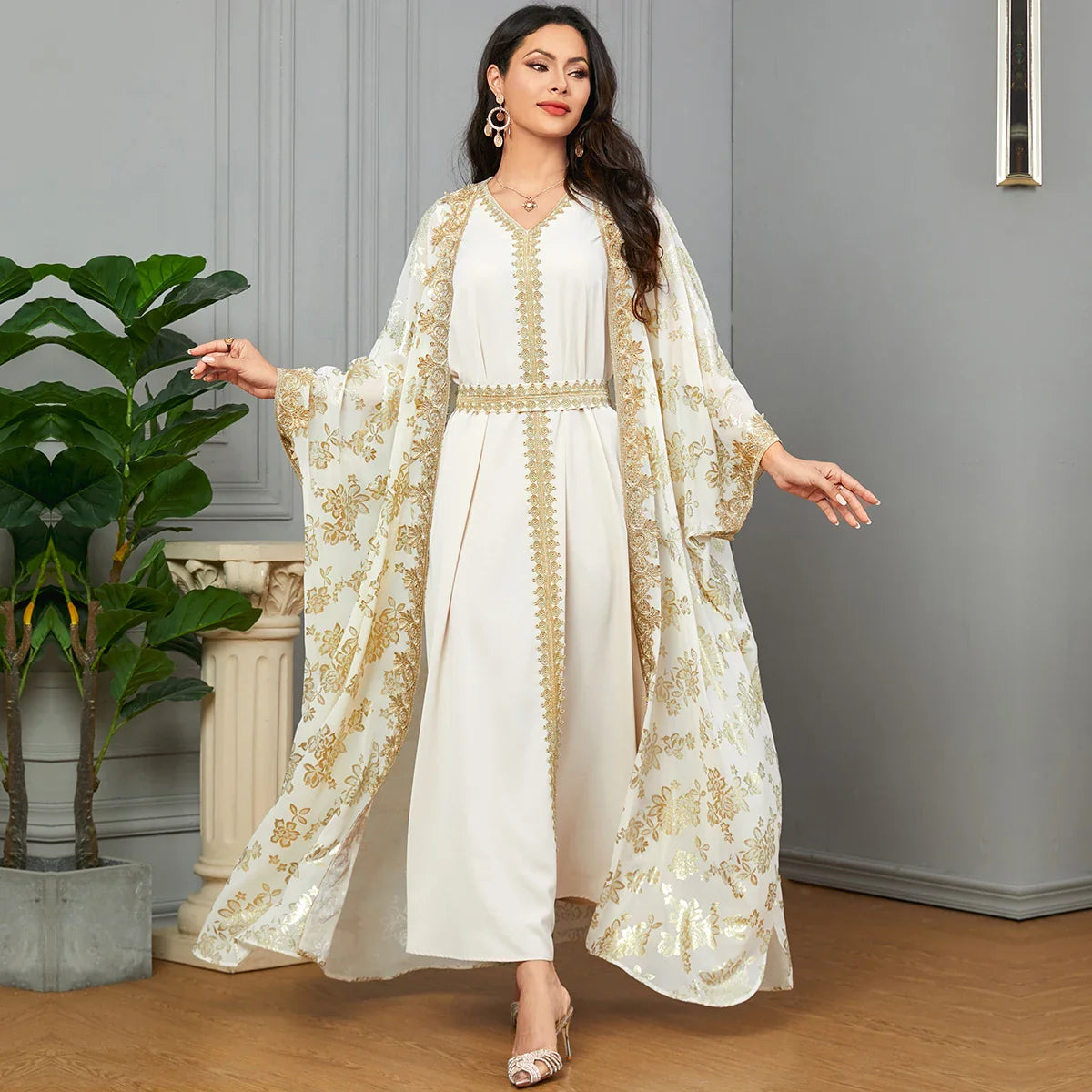 Golden Elegance Embroidered 2-Piece Abaya