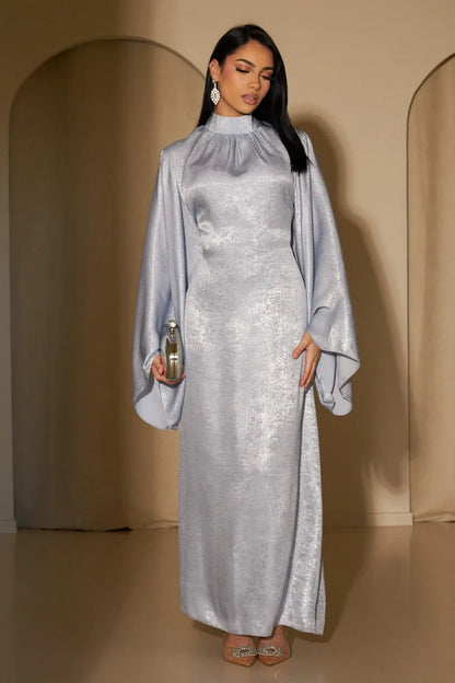 Silver Radiance High-Neck Evening Abaya