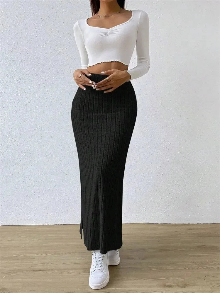 Opulent Rib-Knit Side-Slit Skirt