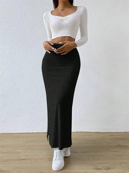 Opulent Rib-Knit Side-Slit Skirt