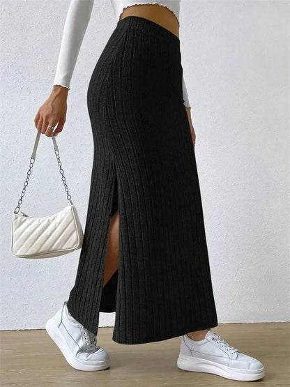 Opulent Rib-Knit Side-Slit Skirt
