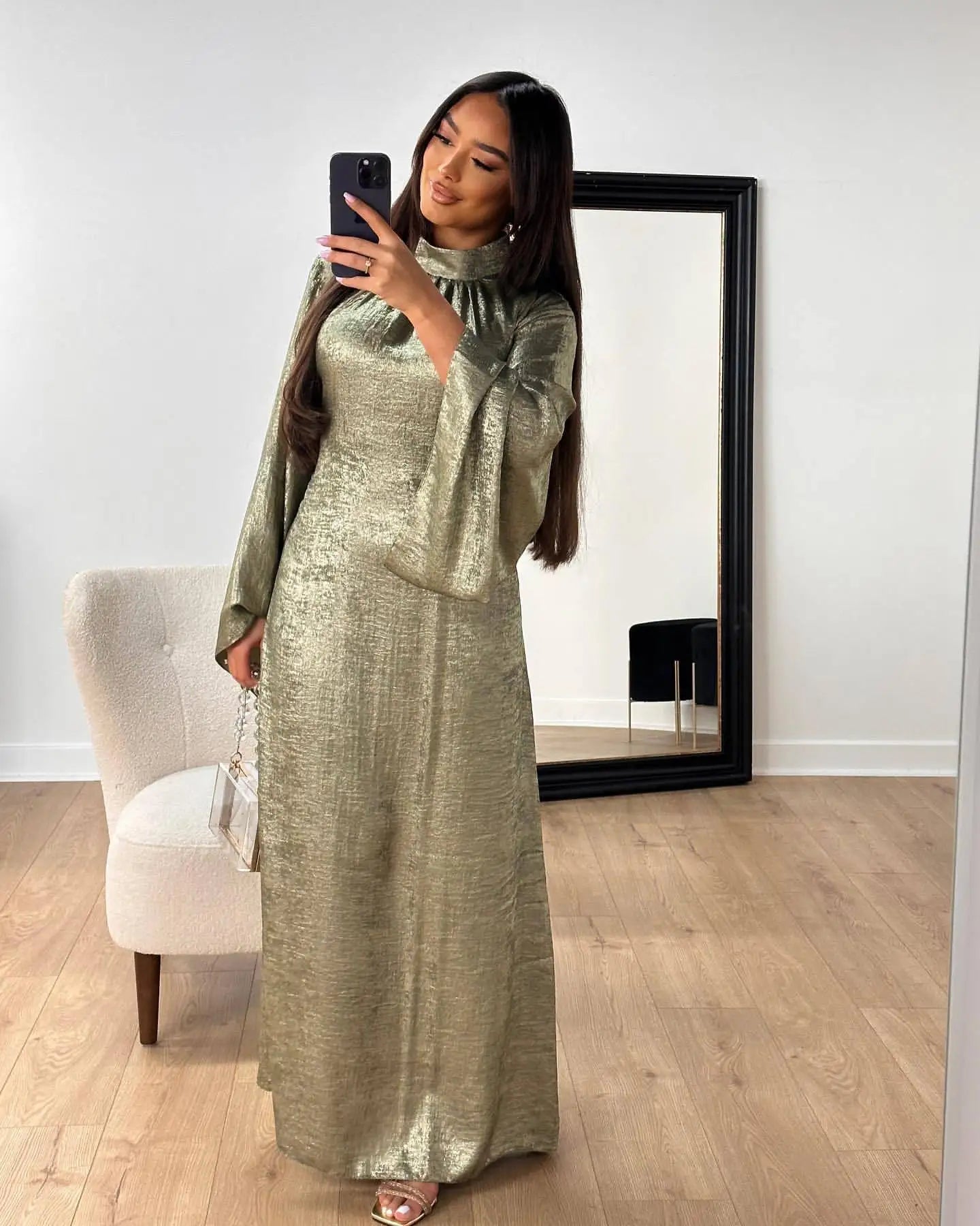 Silver Radiance High-Neck Evening Abaya