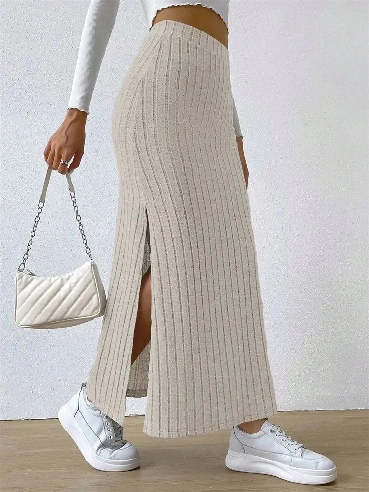 Opulent Rib-Knit Side-Slit Skirt