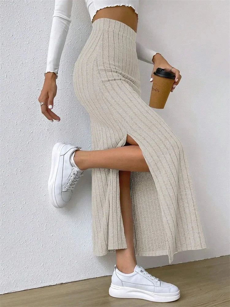 Opulent Rib-Knit Side-Slit Skirt