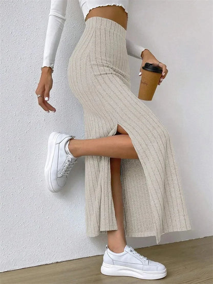 Opulent Rib-Knit Side-Slit Skirt