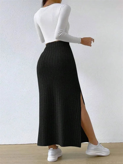 Opulent Rib-Knit Side-Slit Skirt