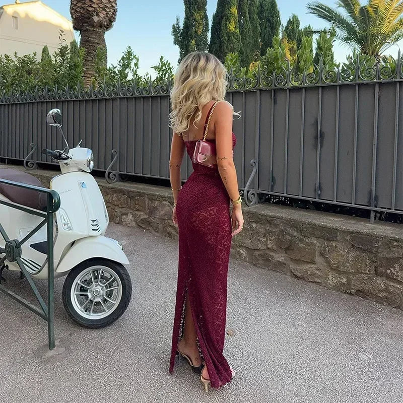 Velvet Ember Lace-Back Maxi Dress