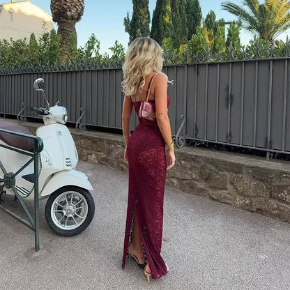 Velvet Ember Lace-Back Maxi Dress