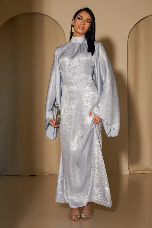 Silver Radiance High-Neck Evening Abaya