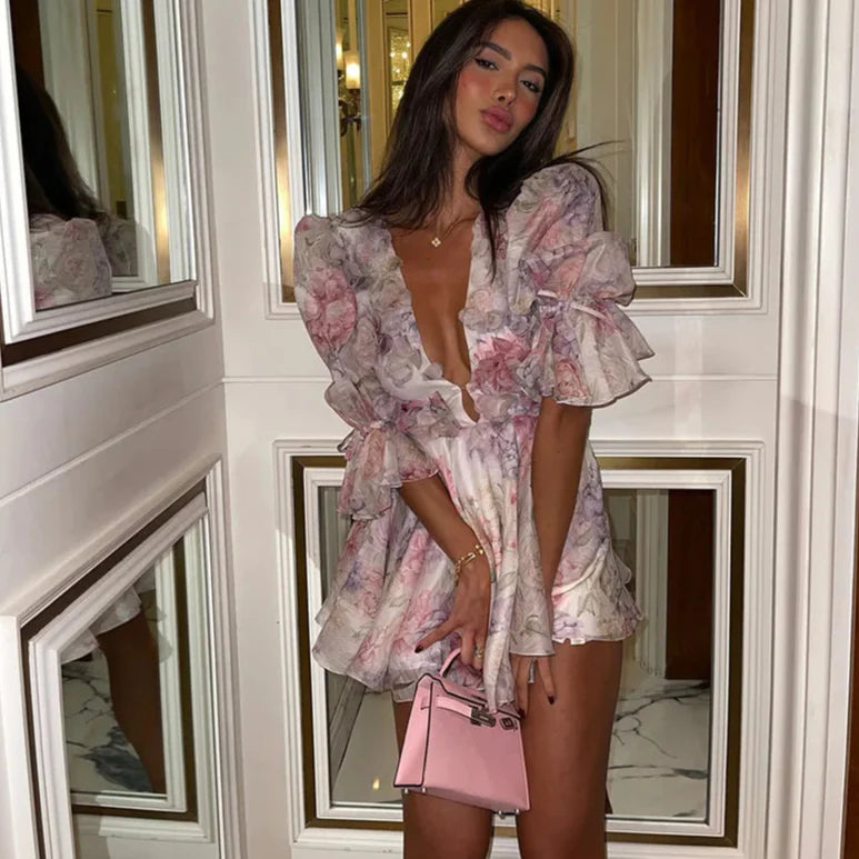 Bloom wave Flare Sleeve Mini Dress