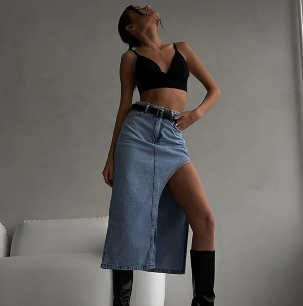 Edgy Split Denim Midi Skirt