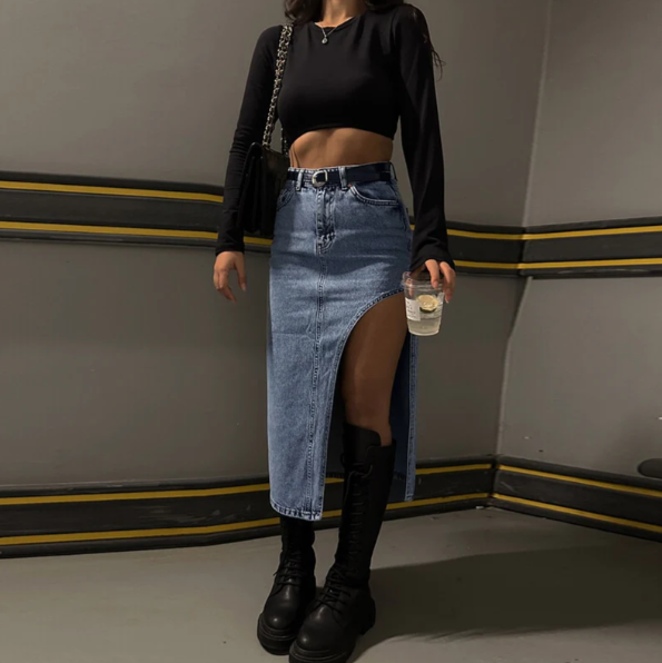 Edgy Split Denim Midi Skirt