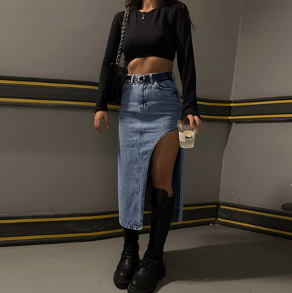 Edgy Split Denim Midi Skirt