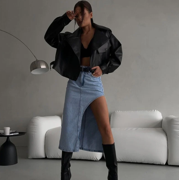 Edgy Split Denim Midi Skirt